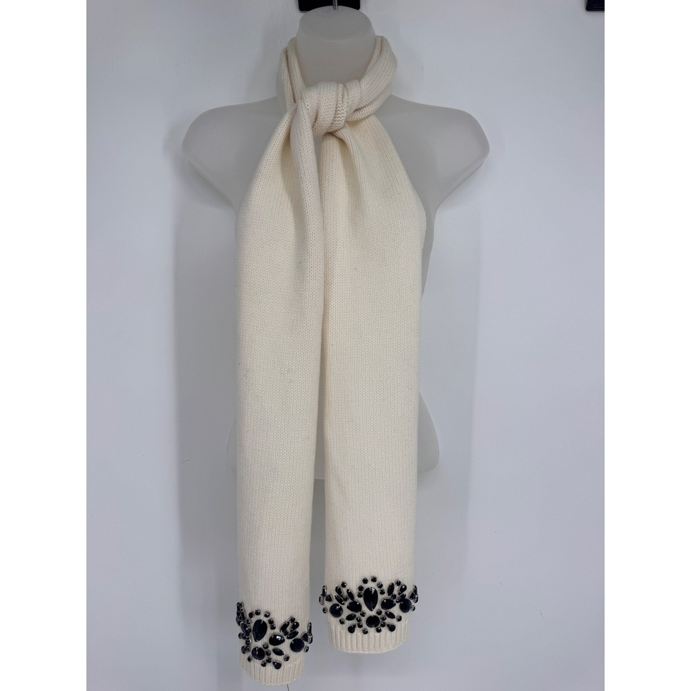 Talbots Knit Scarf Women OS Cream Black Gemstone Embellished Jeweled Winter
